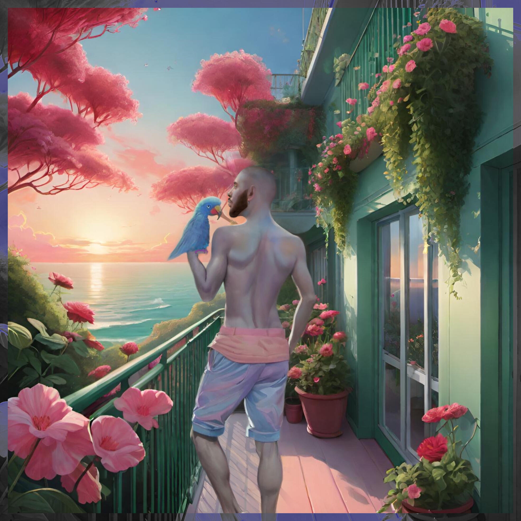 Xandre Bianco music cover art with tropical motifs, blue parrot, and flower-adorned terrace.