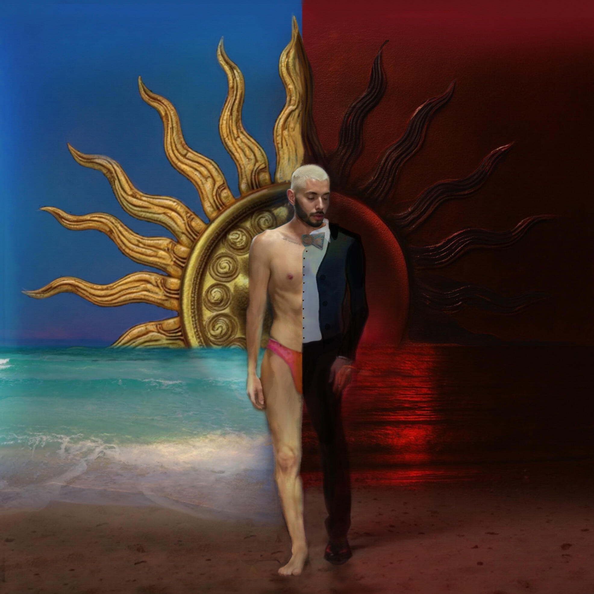Heliolatry album cover featuring Stockholm-based queer artist Xandre Bianco posing in front of a sun symbol, celebrating heliolatry.